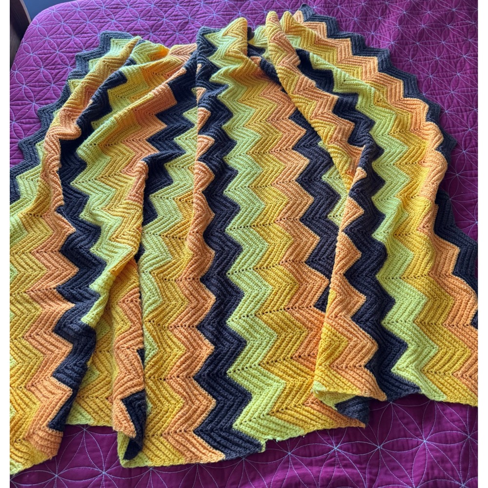 Vintage Chevron Crochet Blanket Throw Yellow Orange Brown Retro